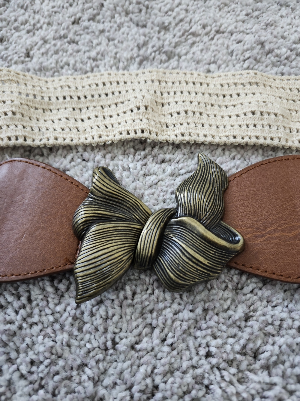 Western Bow Belt Cream Crochet Elastic Brown Leather Tabs Metal Gold Tone